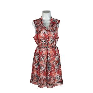 Chloe & Rene Sleeveless Dress Large Red Tropical Floral Leopard Print Belted